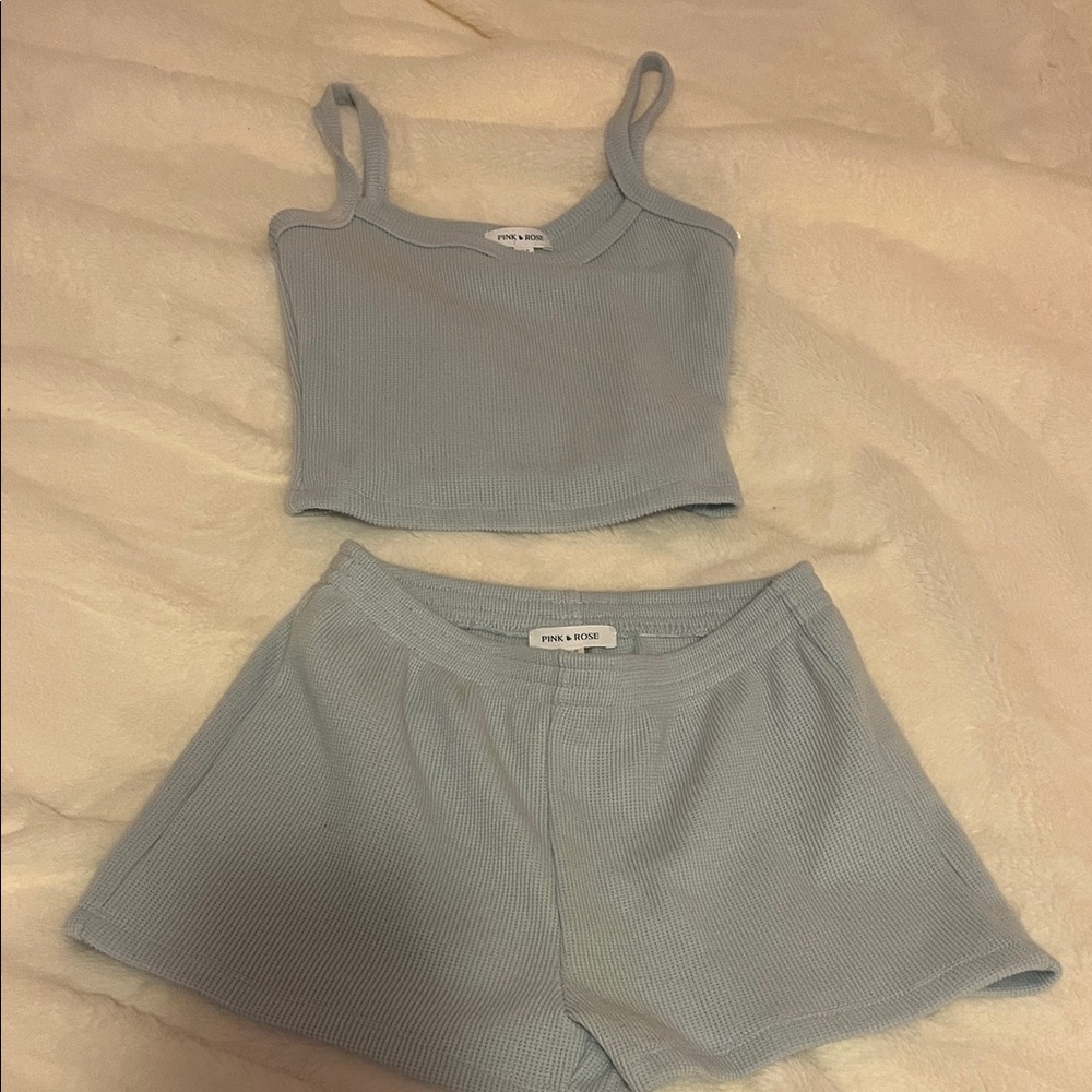 Pink Rose Light Blue Ribbed Pajama Set